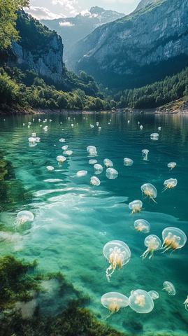 湖中水母与游泳者