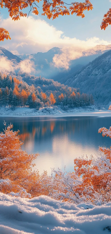 橙枫雪山湖景日落