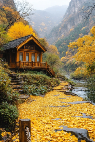 银杏叶覆盖木屋