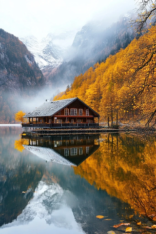 湖面秋叶映山居