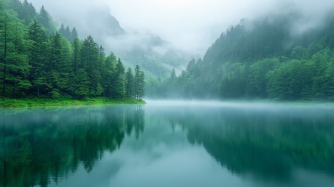 湖面反射绿林山景