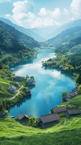 湖边草地与竹屋