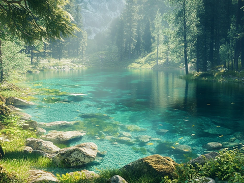 清澈湖泊与森林倒影