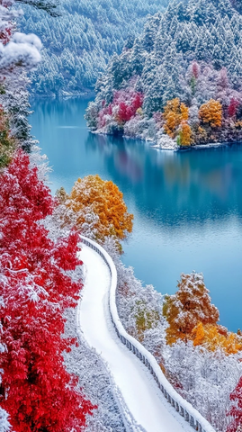 雪后湖边的弯曲小径