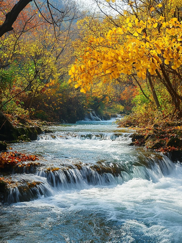 青山绿水红叶瀑布