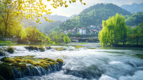 清澈河流与城市山景
