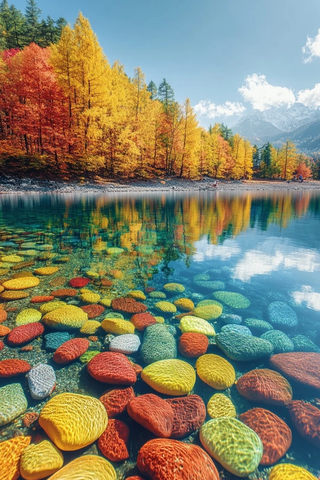 湖边秋色树木倒影