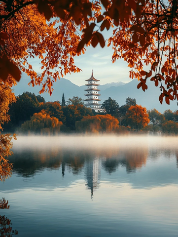 秋日湖景中的古塔