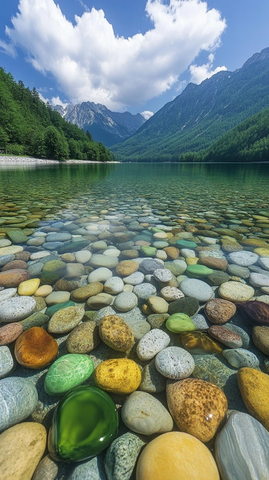 晴天湖泊彩色鹅卵石
