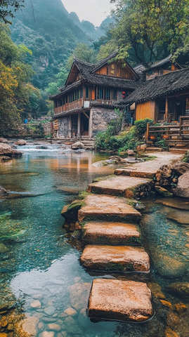 石墙木屋三面环水