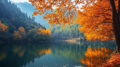 红枫与银杏林湖景