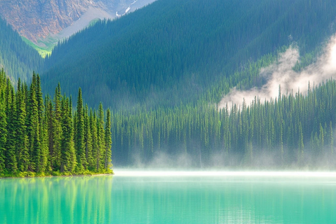 湖面晨雾与松林