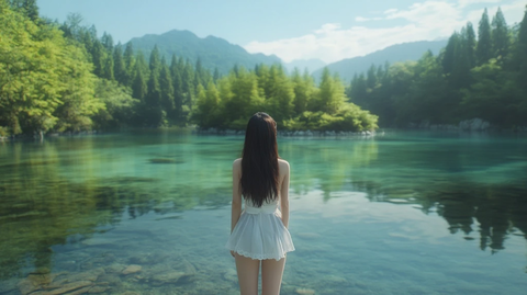 湖边女孩面对镜头