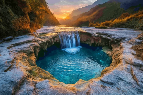 瀑布流水形成清澈水池