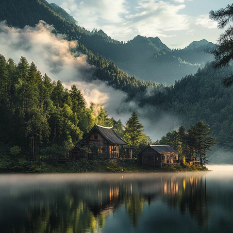 夏日晨雾中的林间小屋