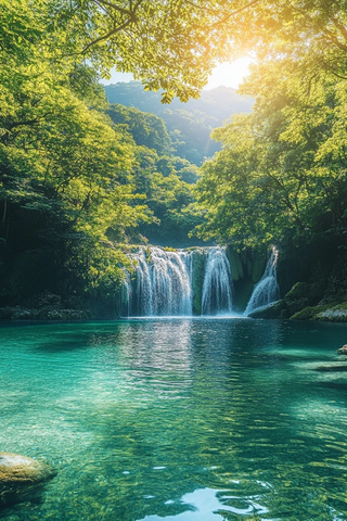 森林瀑布与绿树倒影