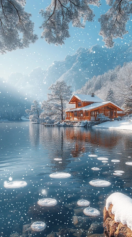 湖面冰花与天鹅倒影