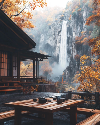 瀑布旁的日式木屋
