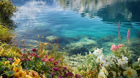 蓝色水域与花卉植物