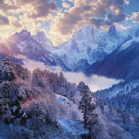 淡紫色极光与雪山雪河