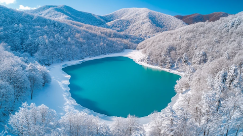 雪覆湖面映绿光