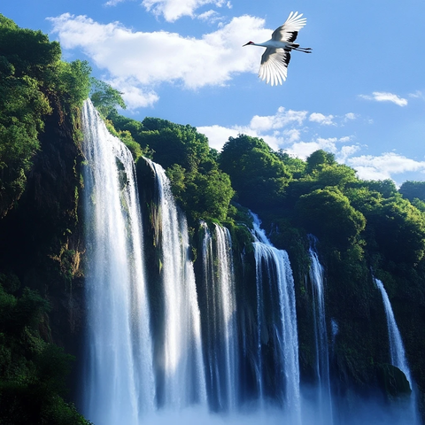 红顶鹤飞过瀑布