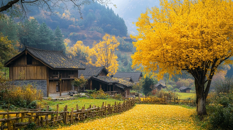 黄色银杏树覆盖的山谷