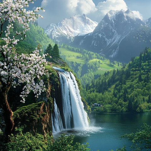 瀑布流经绿山入湖