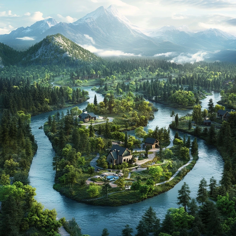 远山河流环绕住宅