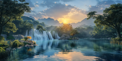 蓝天下的瀑布与清澈水域