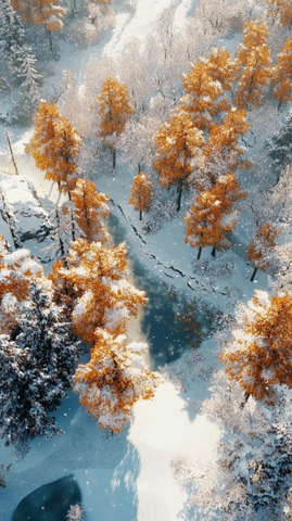 雪覆秋林航拍图