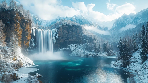 深山瀑布冬日仙境