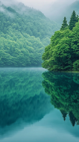 清澈湖泊与绿树