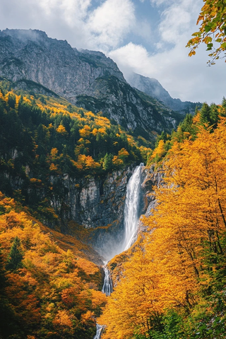 秋日枫叶瀑布云景