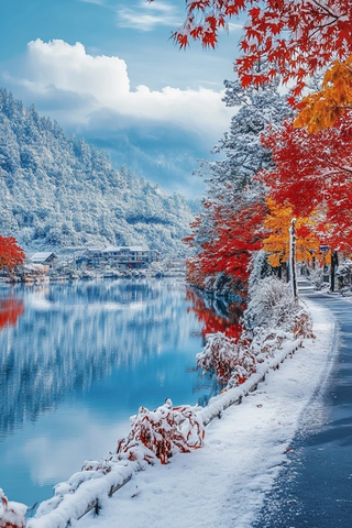 雪后湖畔别墅路