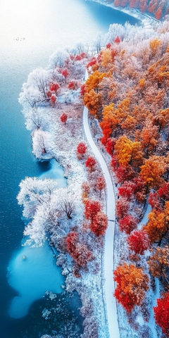 雪后湖岸树林小径