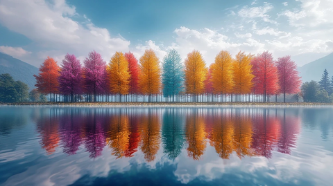 湖面彩色树林倒影