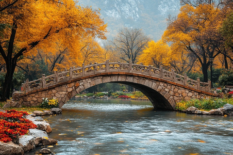 秋日公园石桥流水