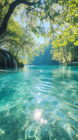 清澈湖水与绿树倒影