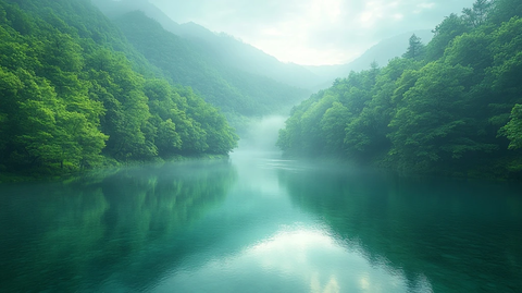 清澈溪流蜿蜒穿过翠绿森林