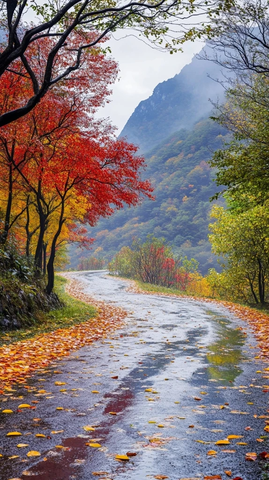 雨后的山间枫叶小径