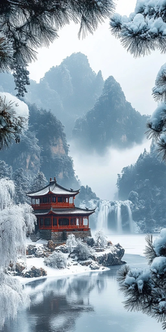 雪山瀑布古建筑