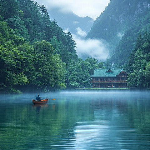 湖上渔船与青山