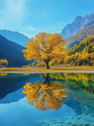 秋黄树映湖光山色