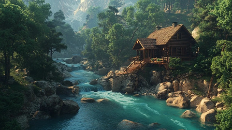 山间木屋与溪流