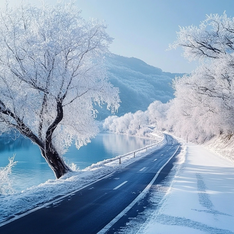 冬日雪路霜花河景