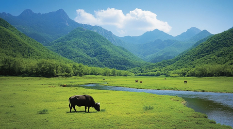 水牛在河边吃草