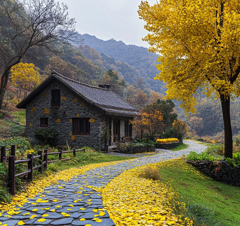 山间石屋与银杏树