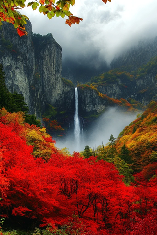 秋日枫叶红，青山绿水间