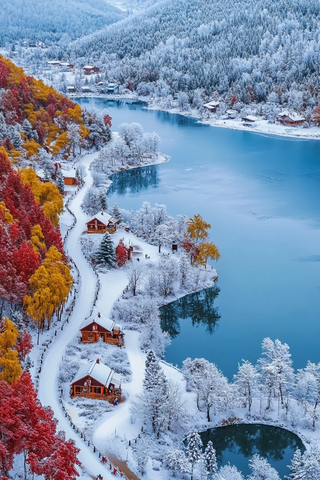 雪后湖景与雾凇